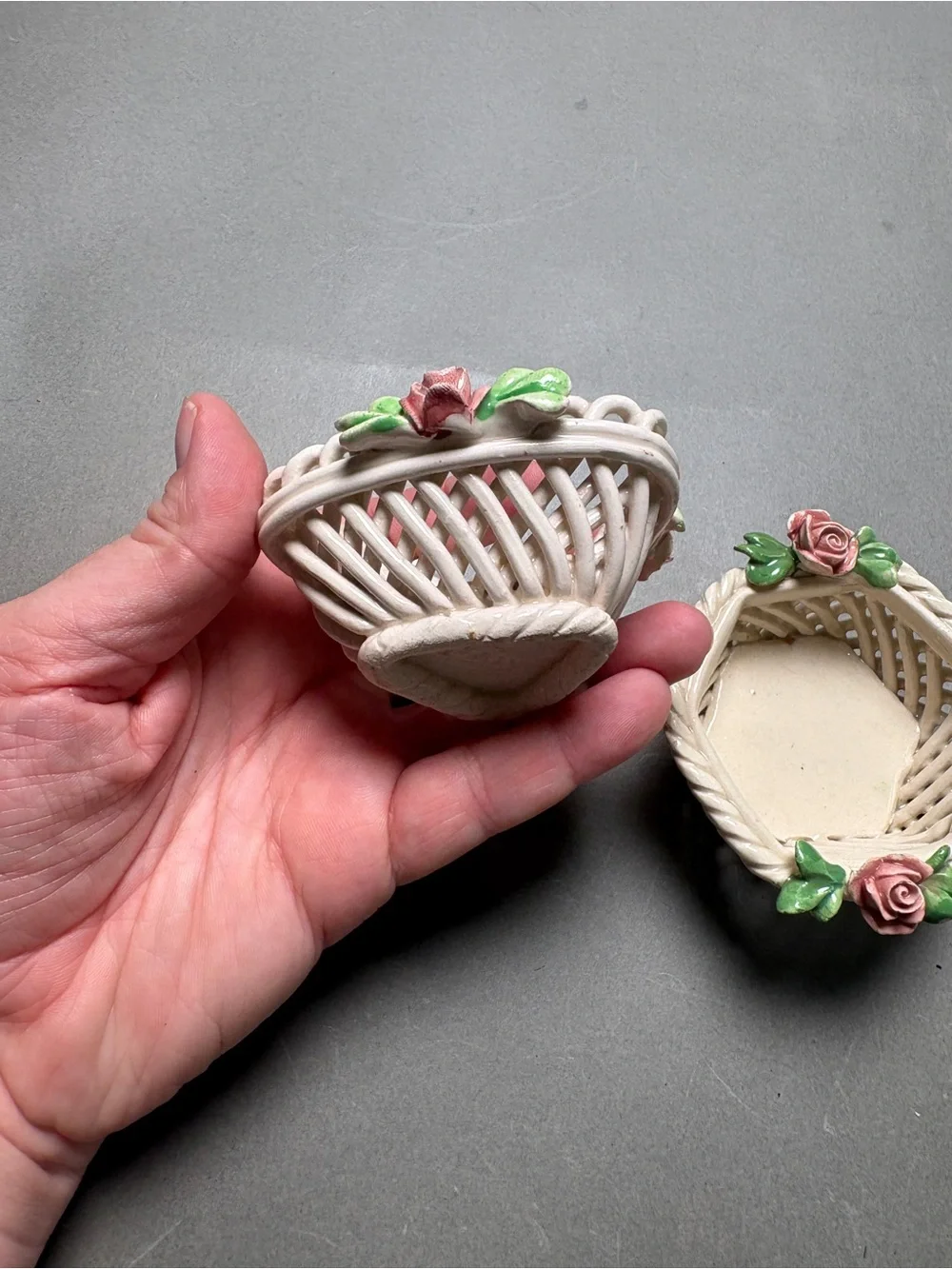 Cottagecore Handmade Italy Ceramic Rose Basket Pair Ring Dish Trinket Dish